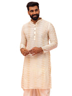 Kisah Men Pearl White Geometric Embellished Kurta Full Sleaves, Knee Length, Straight, Regular Fit, Mandarin Collar Ethnic Wear