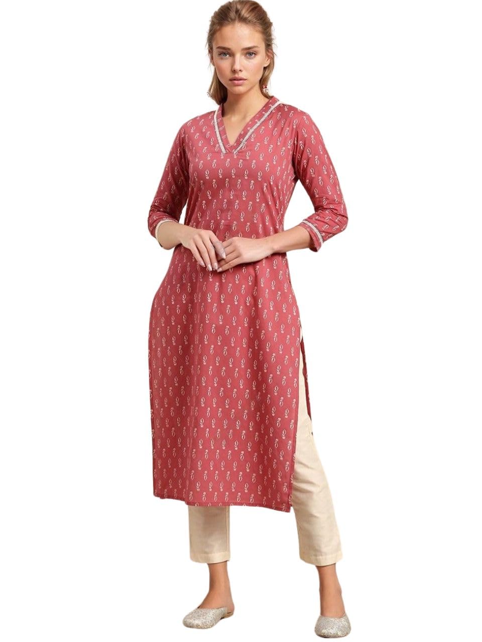 rytras Womens Cotton Floral Printed Straight Kurta(Peach,XXL)