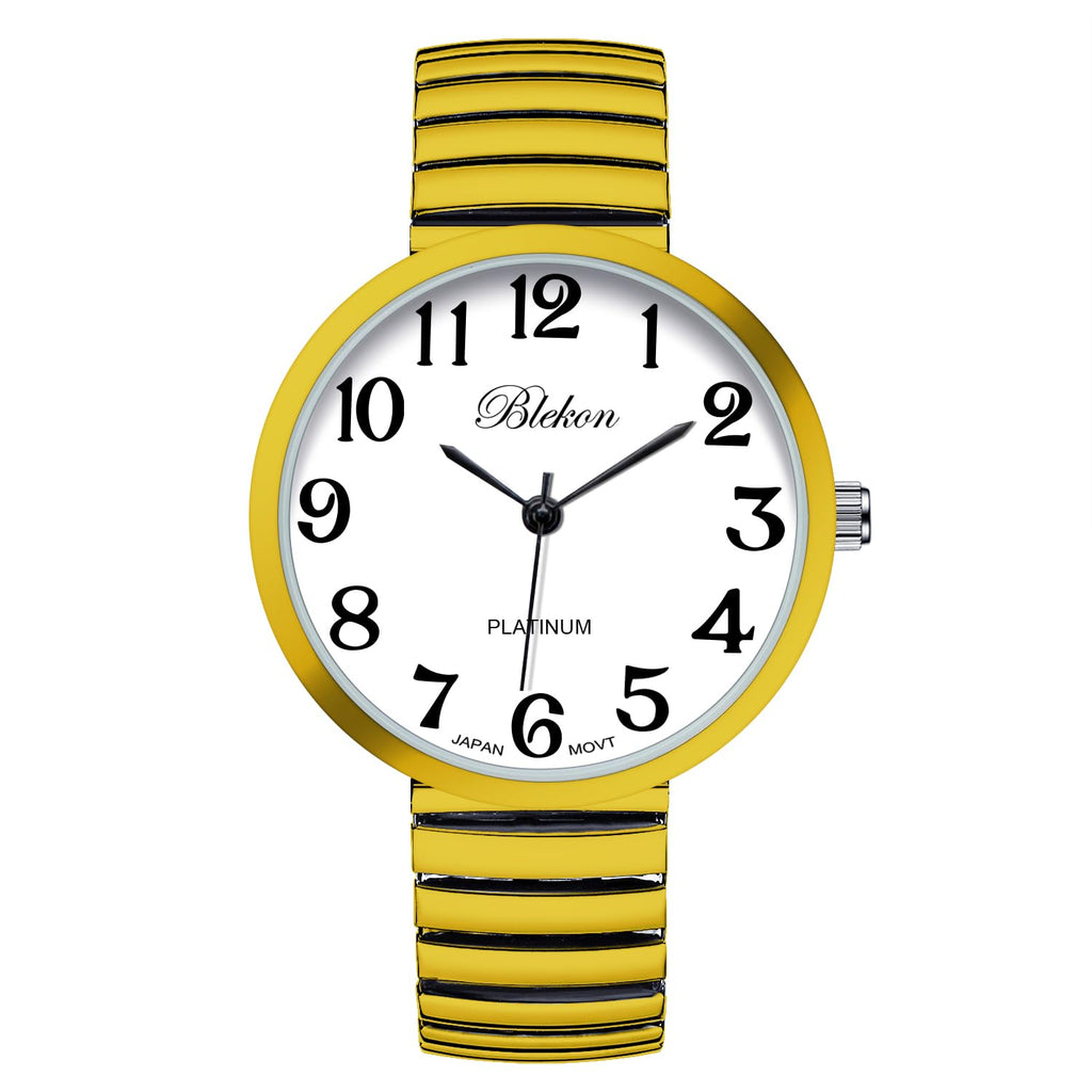 Blekon Collections New Super Large Face Stretch Band Japanese Movement PC21J Fashion Watch (Yellow)