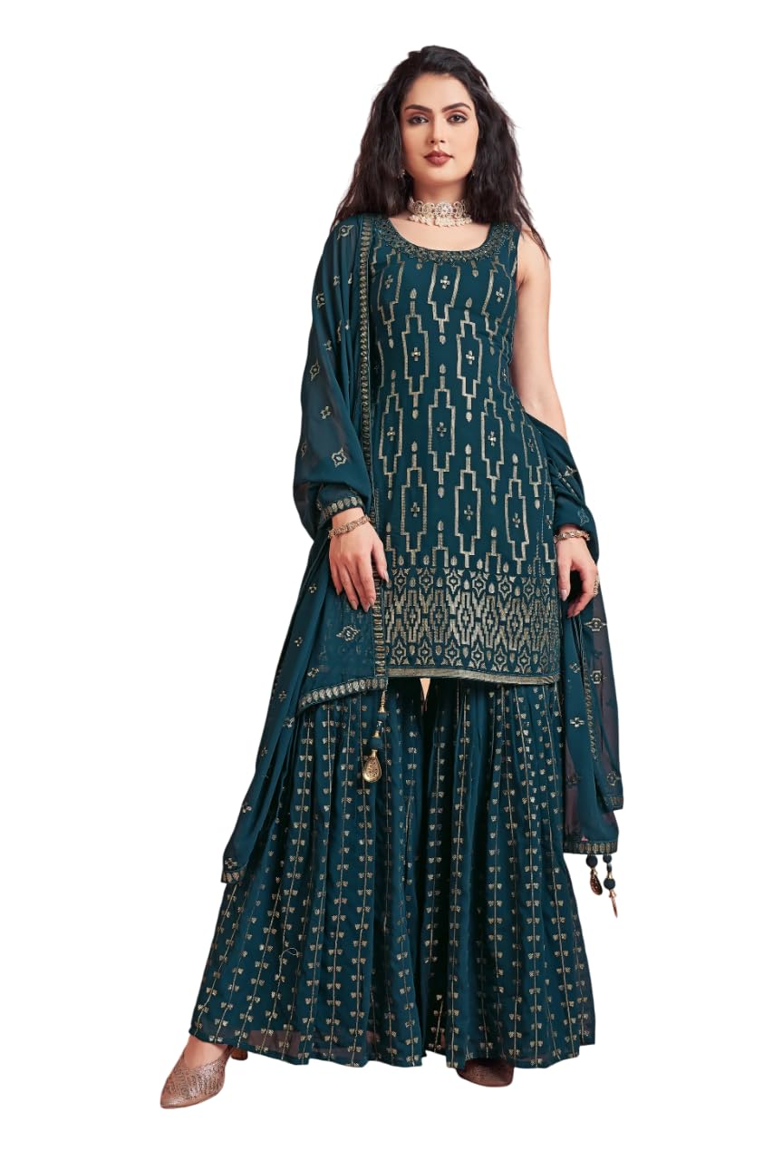 Xomantic Fashion WomenS Georgette Dupatta Xf-2267 Kurta Sharara Set_Teal