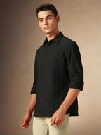 Dennis Lingo Men Textured Cotton Poly Regular Fit Full Sleeves Shirts Black