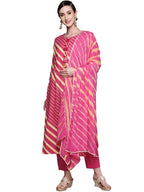 Ishin Women'S Cotton Blend A-Line Embroidered Sequinned Leheriya Print Pink Kurta Suit Set With Trouser Inwsd0458_Pn_Xl_Pink