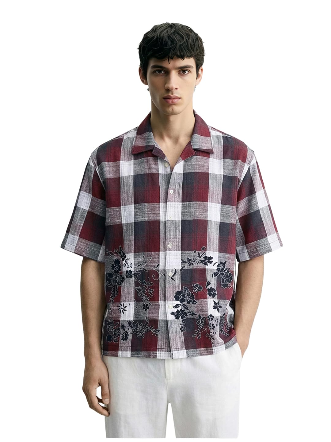 The Indian Garage Co Mens Oversized Cutaway Collar Half Sleeves Checkered Resort Shirt