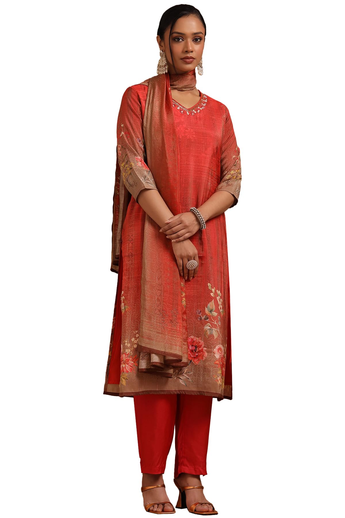 Soch Women Chanderi Floral Print Suit Set with Zardozi