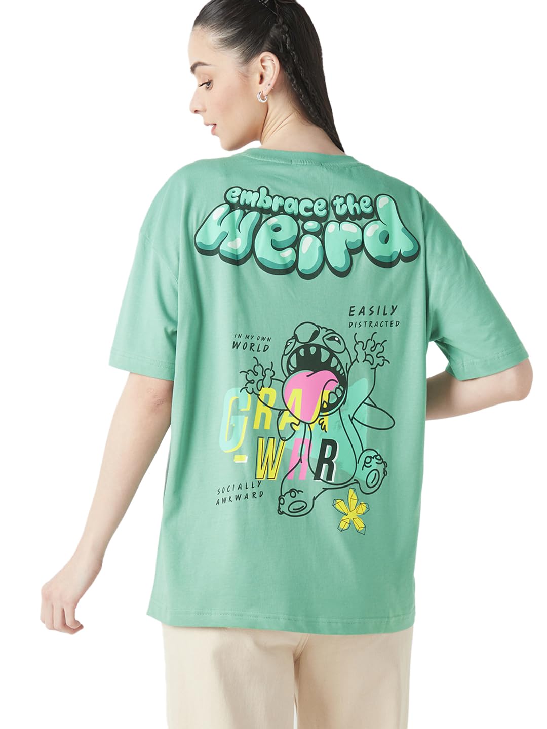 Bewakoof Official Disney Merchandise Stitch Womens Graphic Printed Oversized Fit Half Sleeve Round Neck Cotton Jersey T-Shirt_6