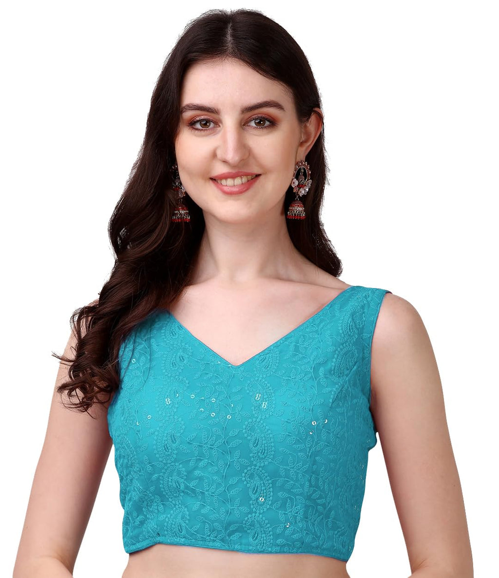 Pujia Mills Womens Georgette Sipali Sequin Work Sleeveless Blouse (Sky Blue, 38)