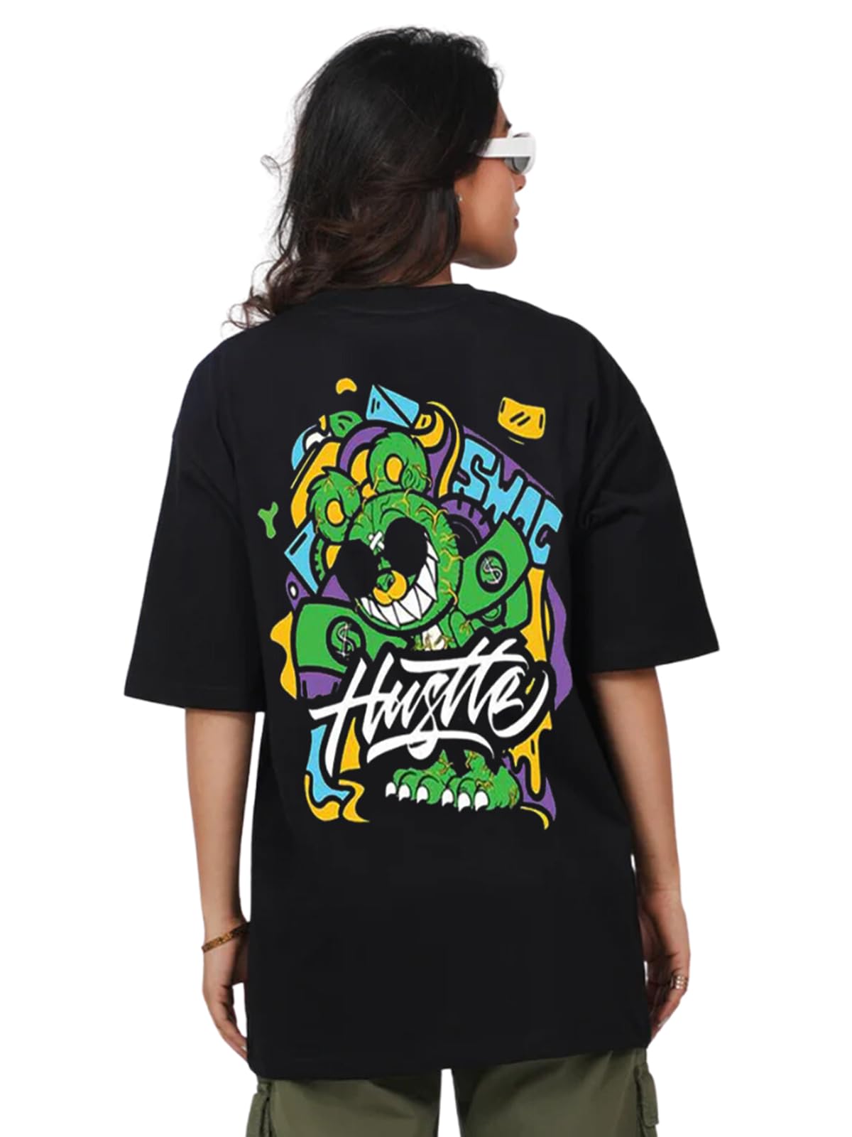 Veirdo Women's Cotton Oversized Short Sleeve Round Neck Graphic Back Hustle Monster Printed T-Shirt