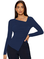 Shasmi Womens & Girls Magenta Long Sleeve Asymmetrical Neck Solid Color Ruched Front Asymmetrical Hem Tee Workwear Fancy Top, 
