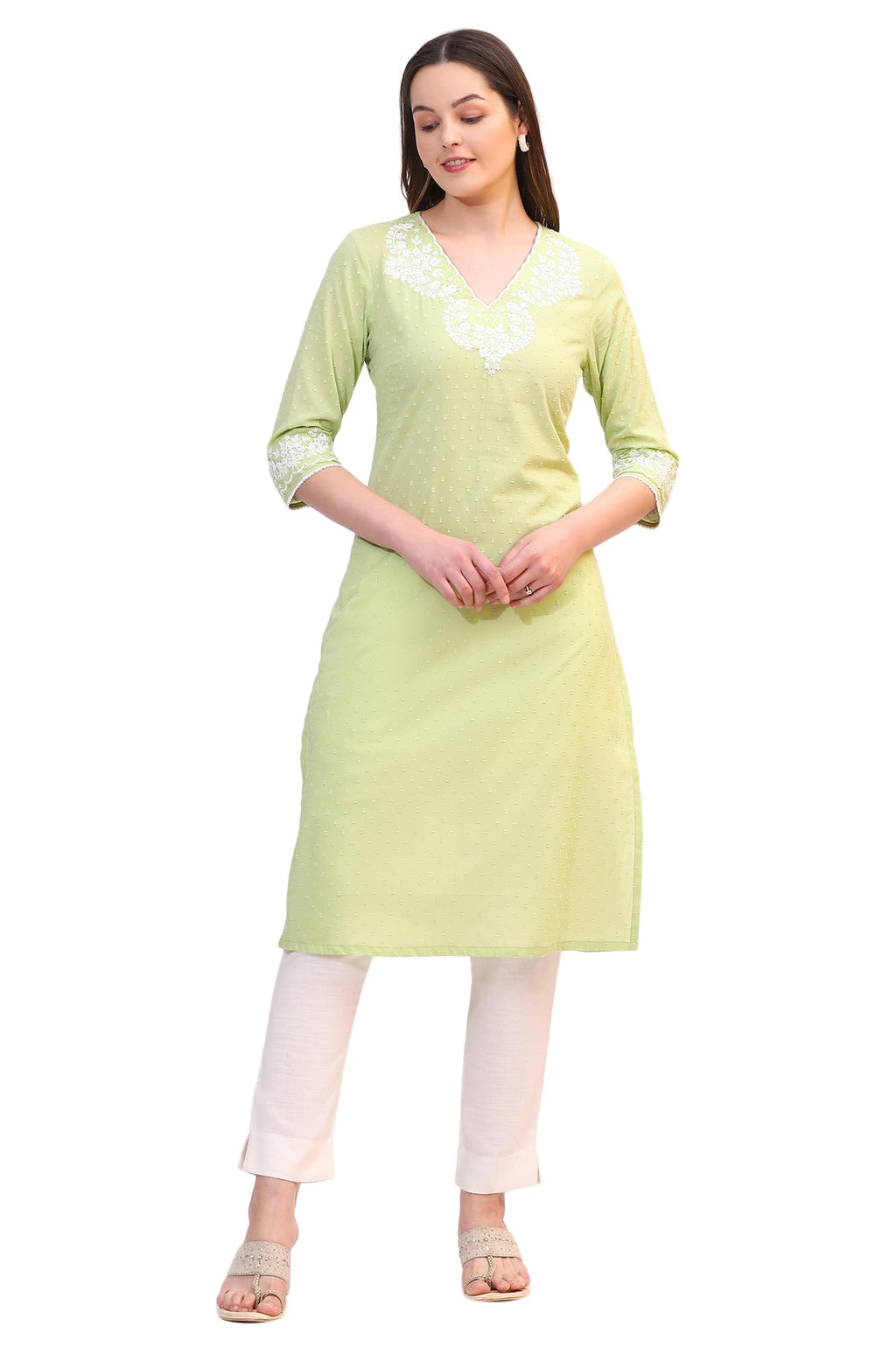 W For Woman Pistachio Green Mirror Work Pure Cotton Straight Kurta (Size:S)-W12711
