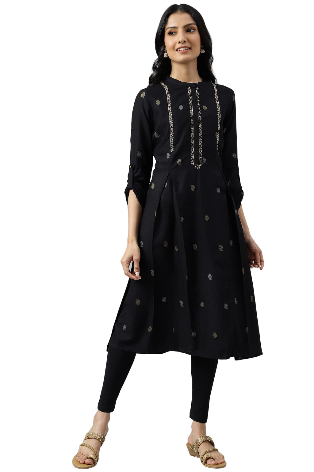 W For Woman Black Geometric Printed Regular Kurta With Metallic Embroidery