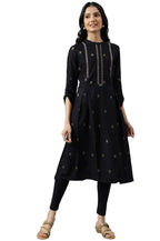 W For Woman Black Geometric Printed Regular Kurta With Metallic Embroidery