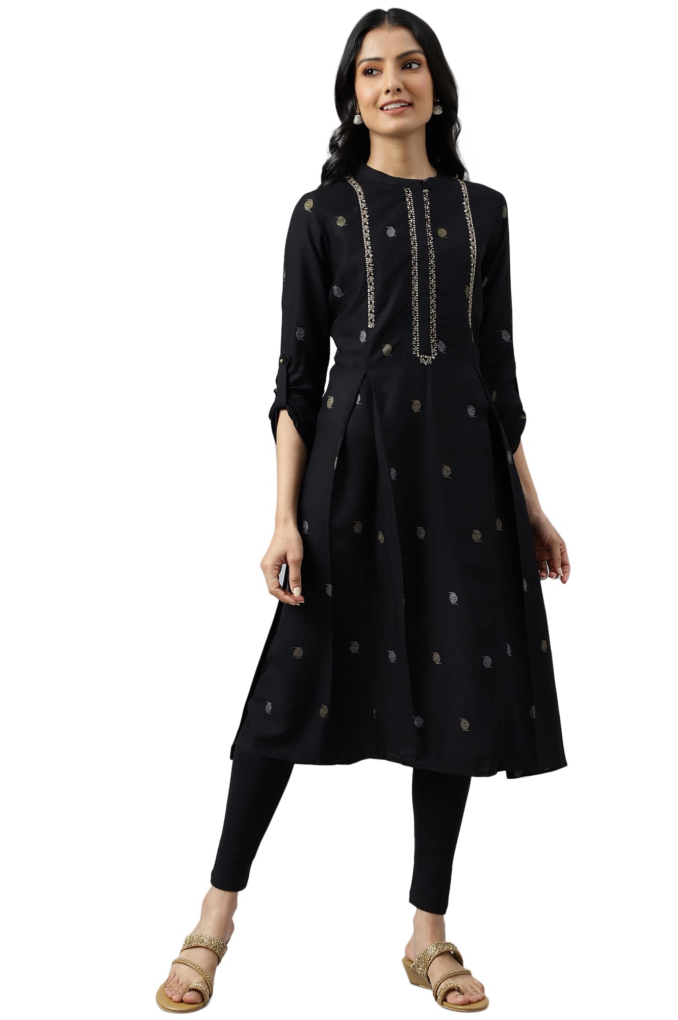 W For Woman Black Geometric Printed Regular Kurta With Metallic Embroidery