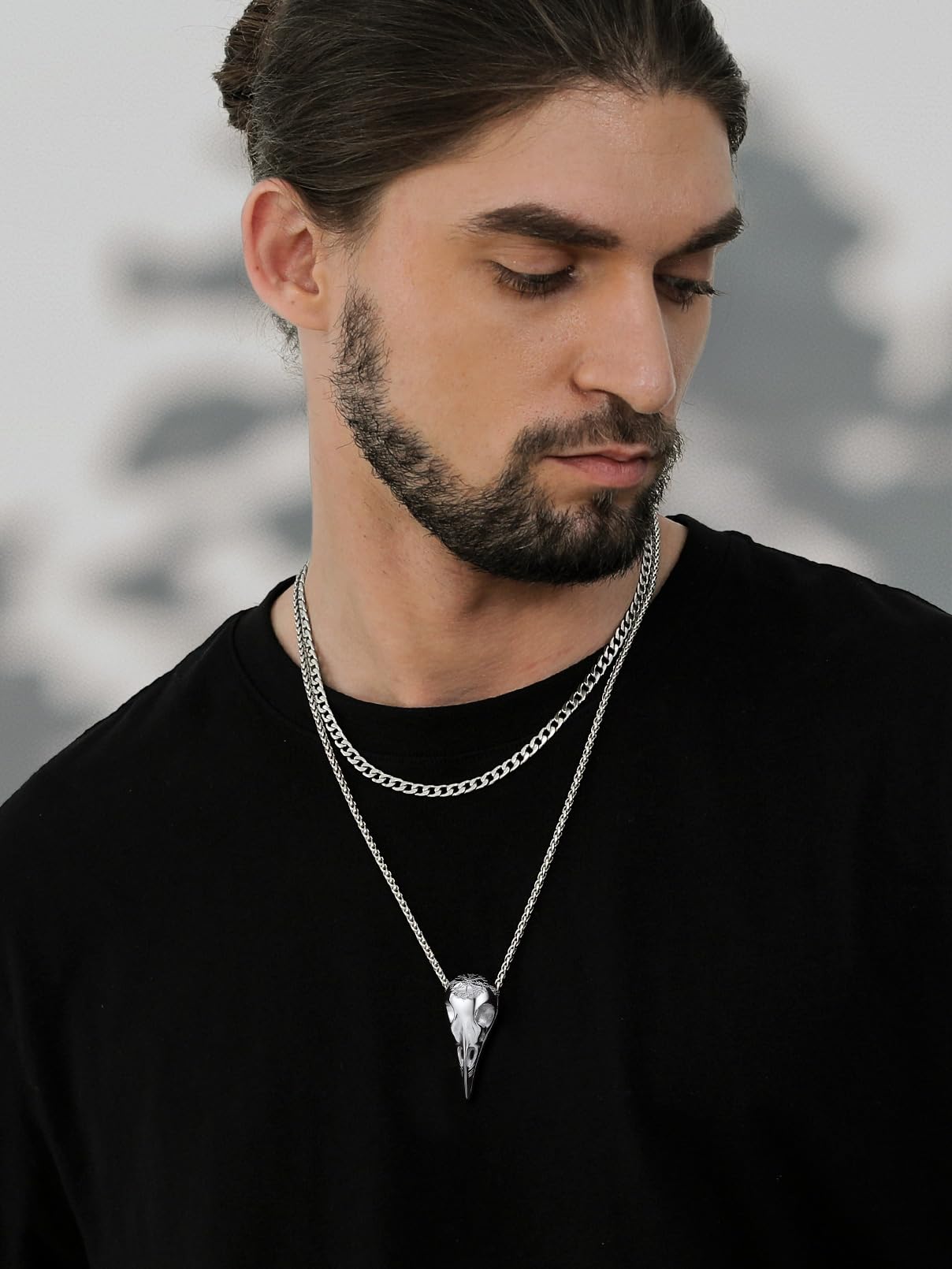 FaithHeart Viking Raven Skull Necklace for Men Stainless Steel Punk Crow Head Pendant Gothic Jewelry Halloween Accessories