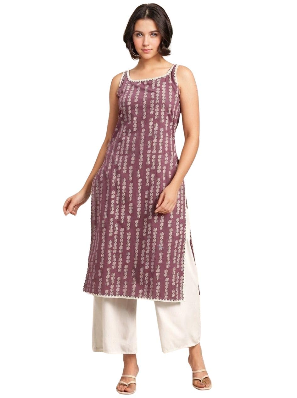 rytras Womens Cotton Printed Straight Sleeveless Kurta(Purple,3XL)