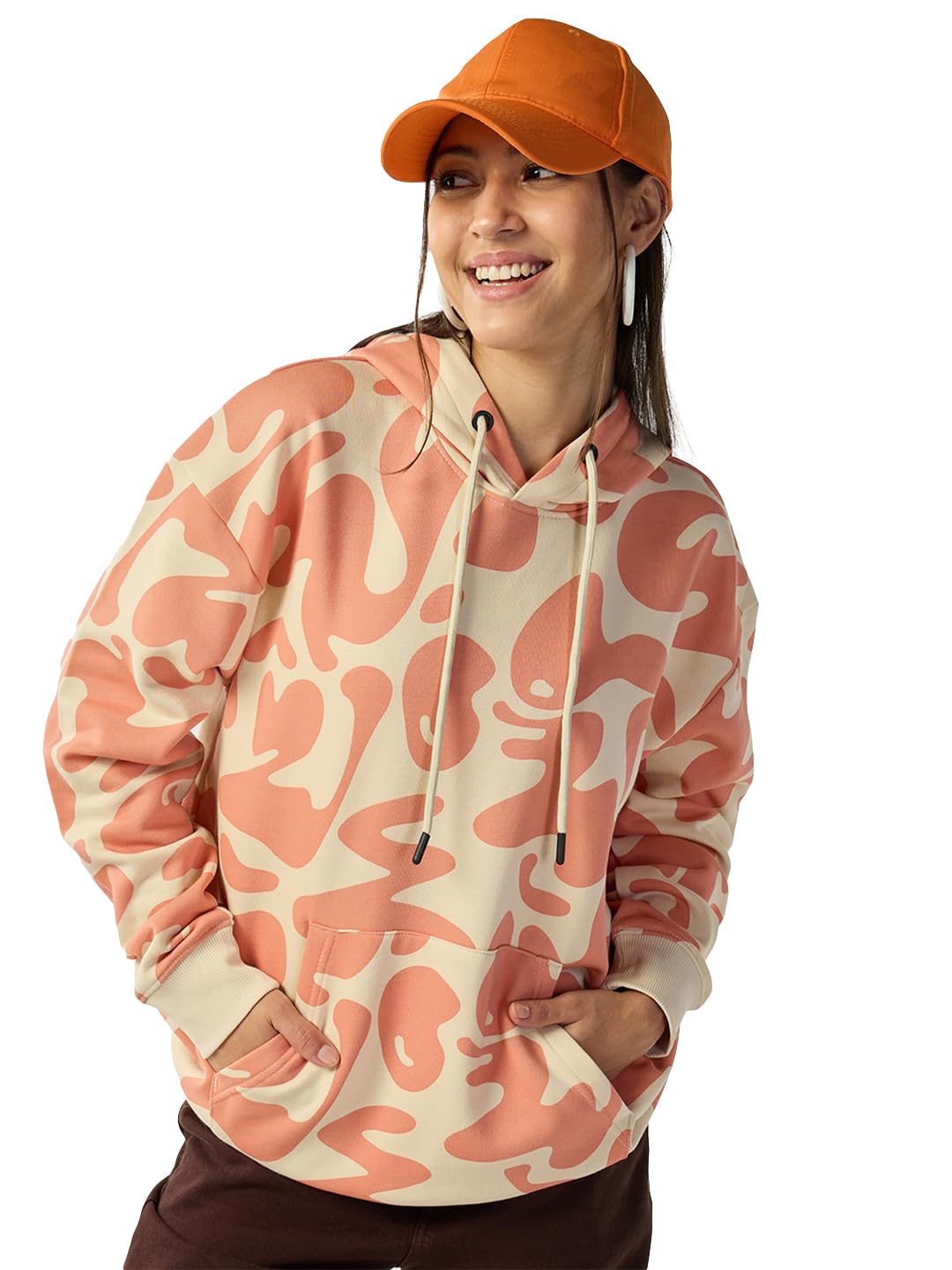 Bewakoof Womens All Over Printed Oversized Fit Full Sleeve Fleece Blend Hoodies_641009_Beige_L