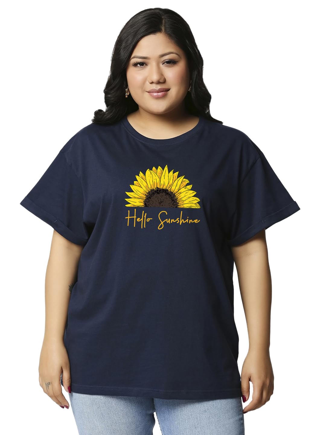 Bewakoof Womens Graphic Print Boyfriend Fit Half Sleeve Round Neck Cotton Plus Size T-Shirt_634118_Blue_3XL