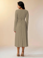 Shasmi Womens Kiwi Square Neck A-Line Dress  Long Sleeve, Tie Waist, Knitted Stretchable, Casual & Office Outfit, Solid Winter M