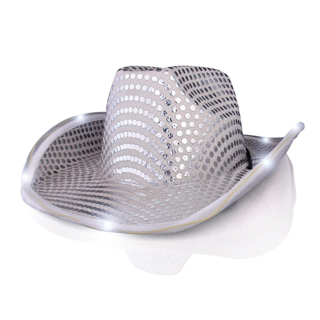 FlashingBlinkyLights Silver Sequin Light Up LED Cowboy Hat
