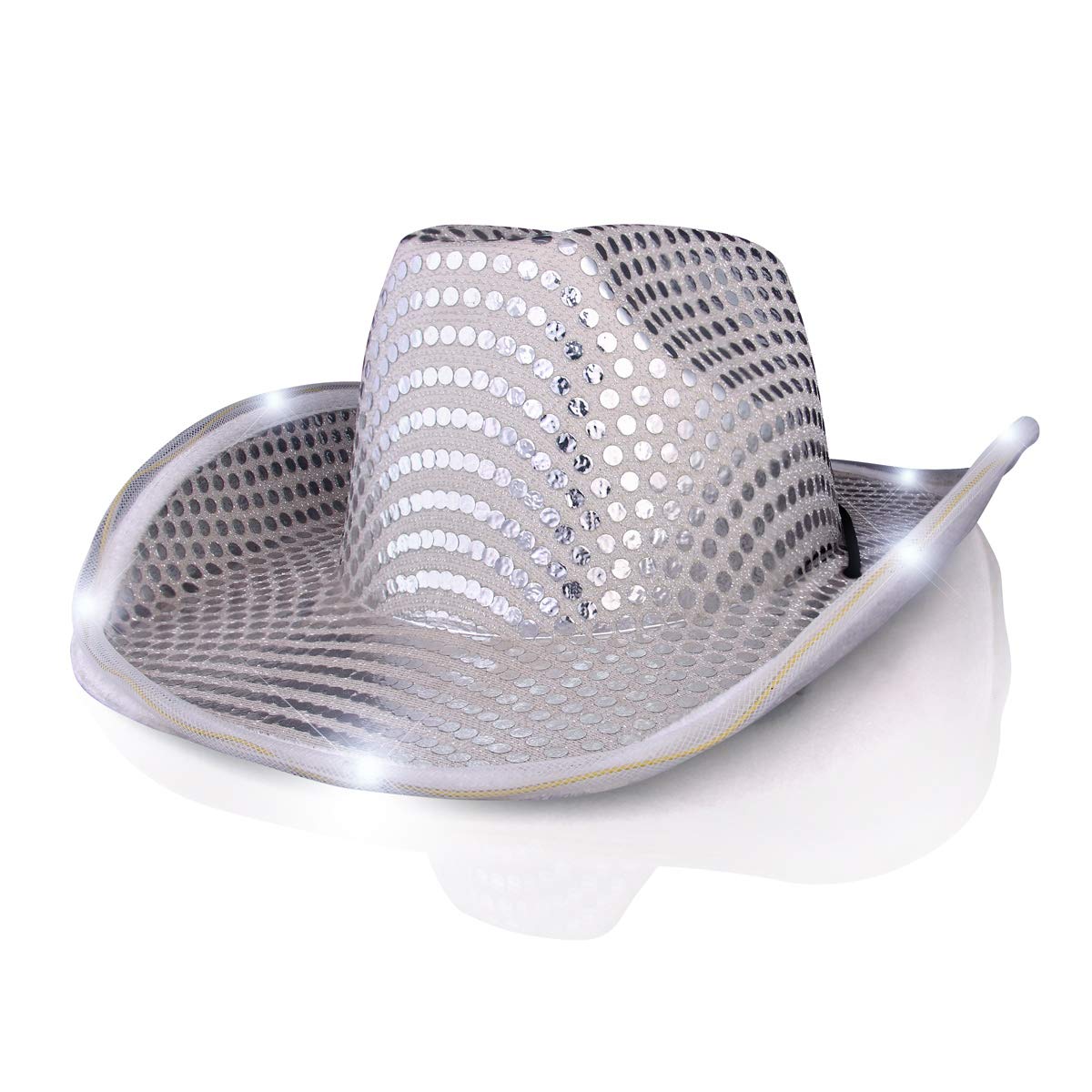 FlashingBlinkyLights Silver Sequin Light Up LED Cowboy Hat