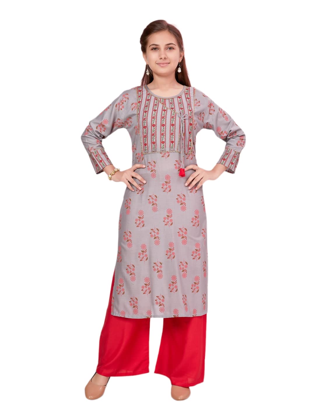 Aarika Girls Grey-Red Colour Cotton Floral Kurti Palazzo Set (Pl-K-634-Grey-Red-40)