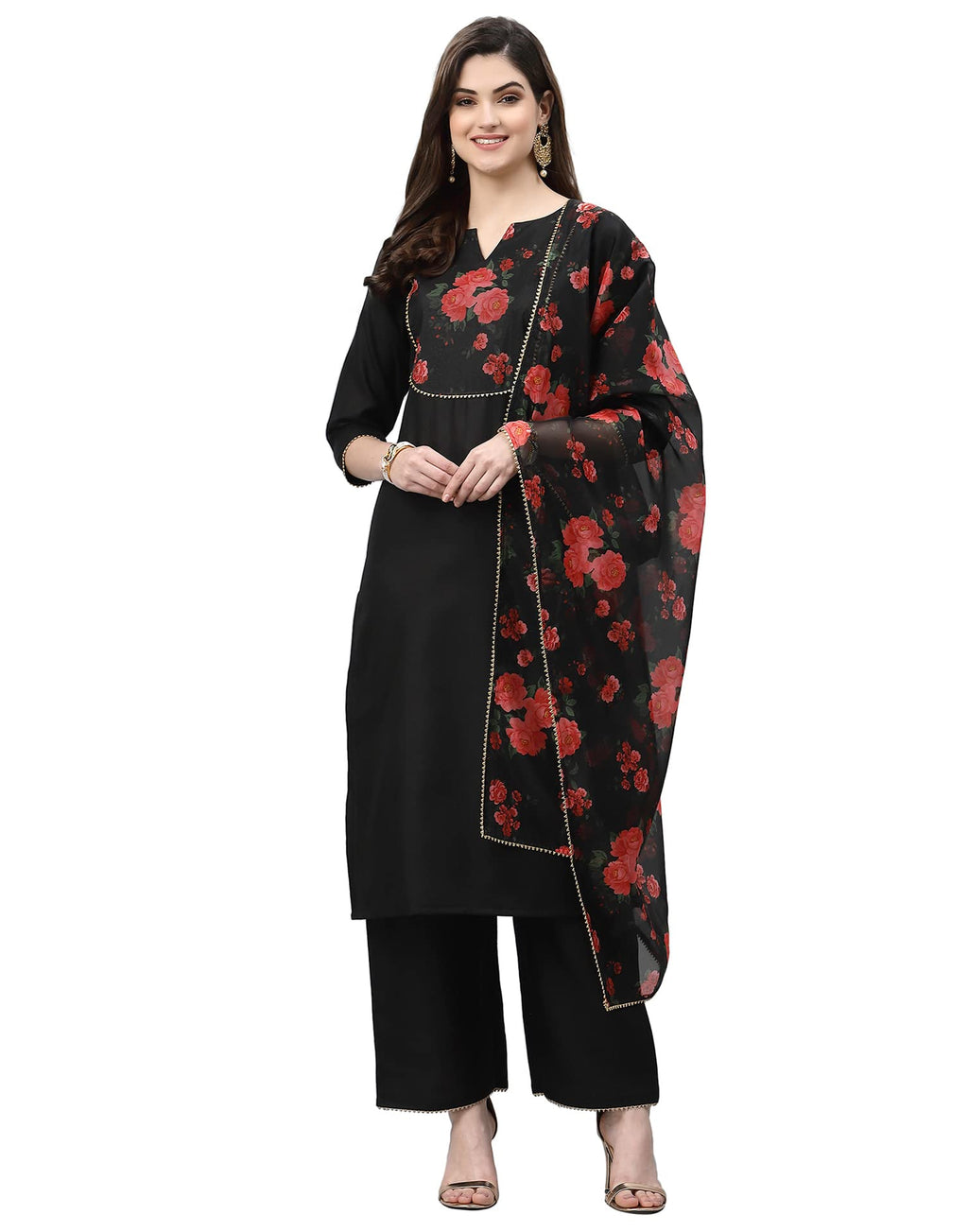 Sanisa Women'S Hira Slub/Orgenza Digital Straight Kurta Set With Dupatta (4Kbdn135-S_Black)