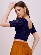 Pujia Mills WomenS Readymade Hosiery Lycra Stretchable Round Neck Half Sleeve Blouse With Swaroski Work Fancy Lycra Stretchable