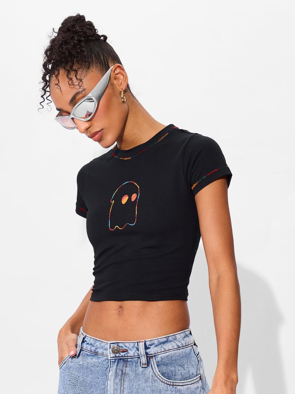 The Souled Store Soul Rhythm Women and Girls Short Sleeves Round Neck Black Embroidered Slim Fit Cropped Tops