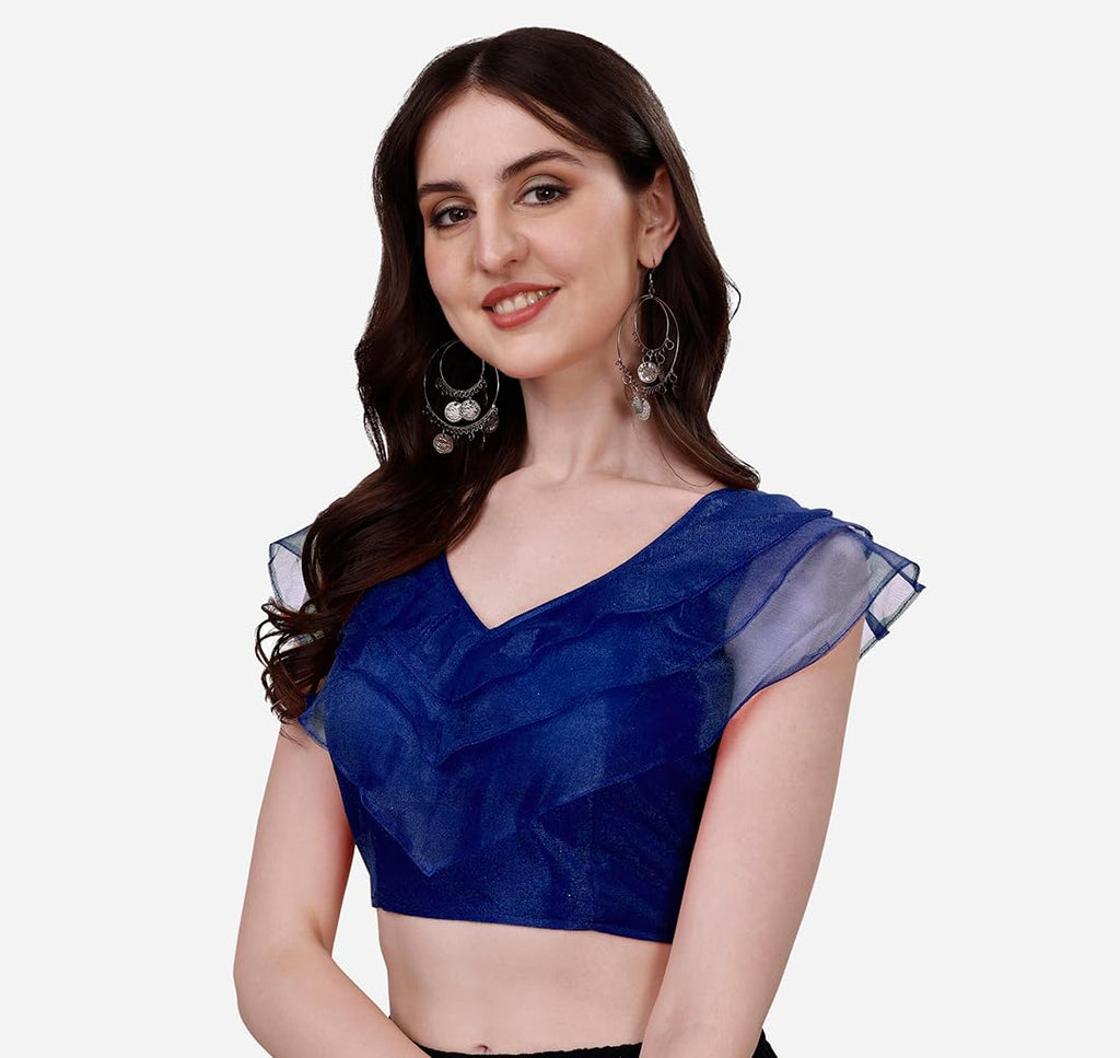 Pujia Mills Womens V Neck Orgenza Three Layer Ruffle Sleeve Frill Readymade Saree Blouse