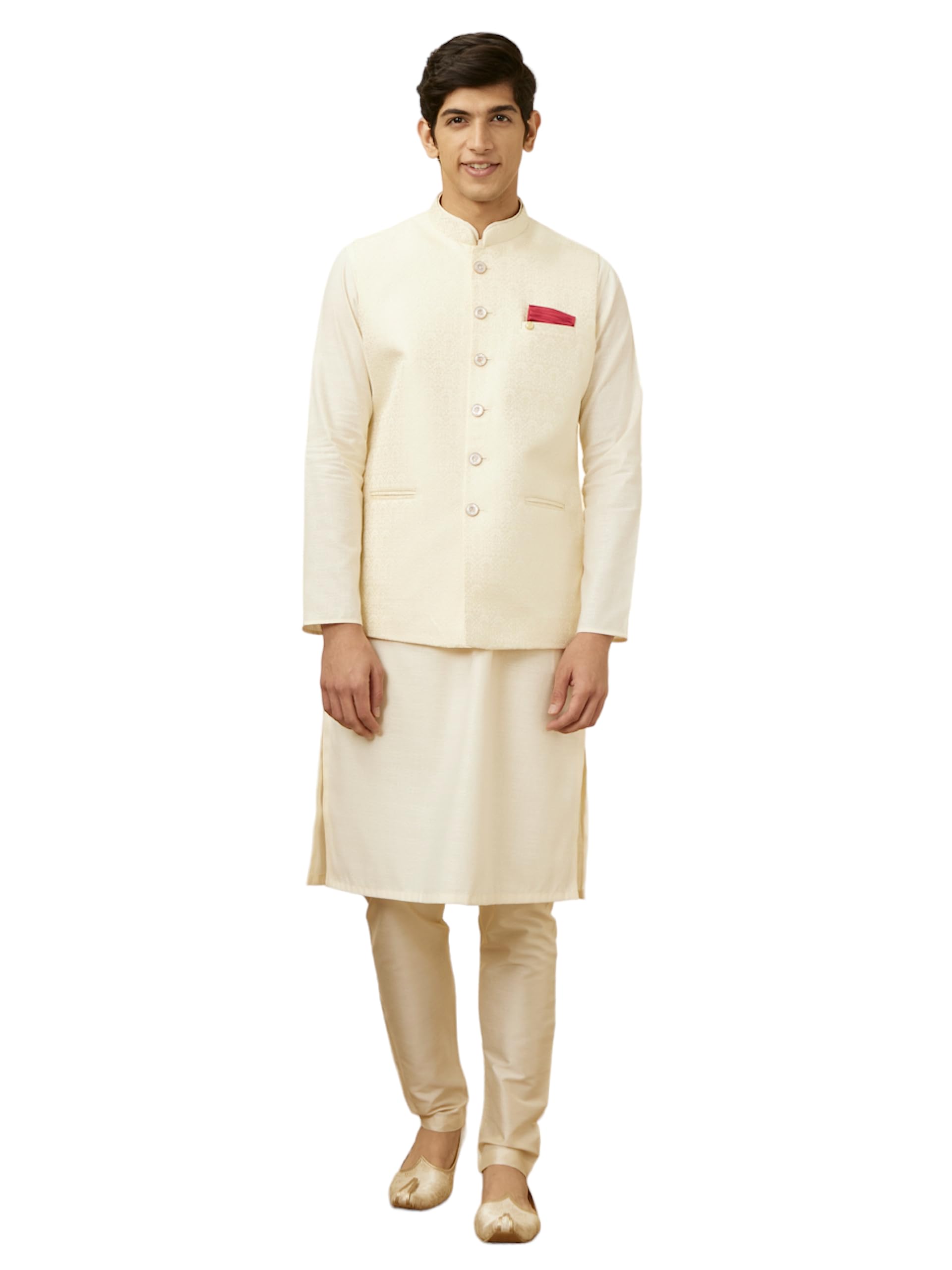 Manyavar Mens Blended Rayon Self Design Sleeveless Casual,Traditional Nehru Jacket (Cream, M)
