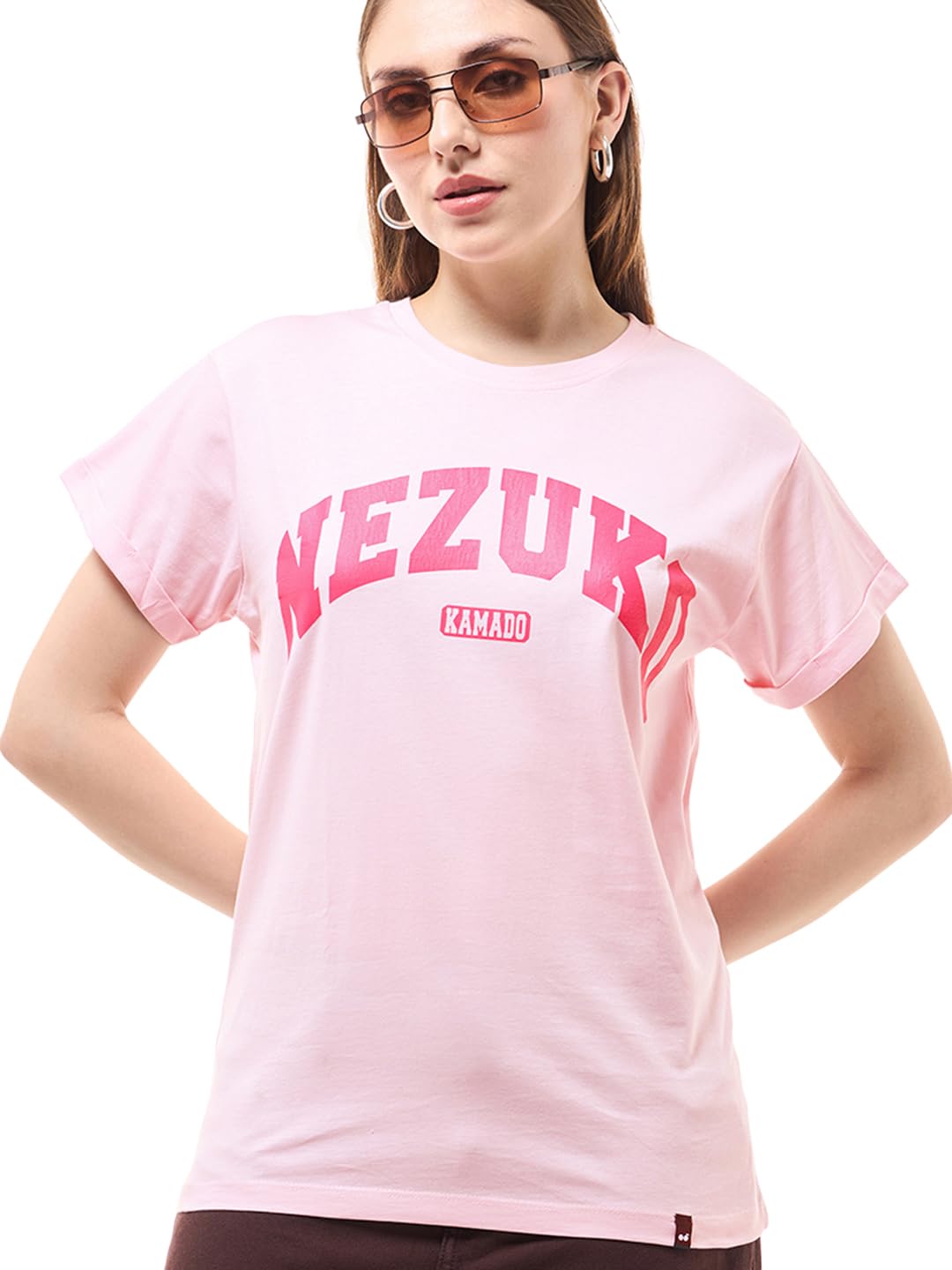 Bewakoof Official Demon Slayer Merchandise Nezuko Womens Graphic Print Boyfriend Fit Half Sleeve Round Neck Cotton Jersey T-Shi