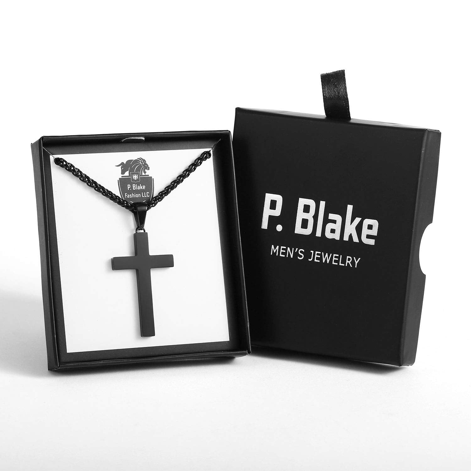 P. BLAKE Stainless Steel Black Cross Necklace for Men Boys Cross Pendant with Chain 24 Inches