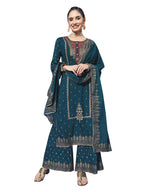 Ishin Women'S Viscose Rayon A-Line Embroidered Gotta Patti Floral Print Navy Blue Kurta Suit Set With Sharara Inwsd0281_Nv_S_Nav