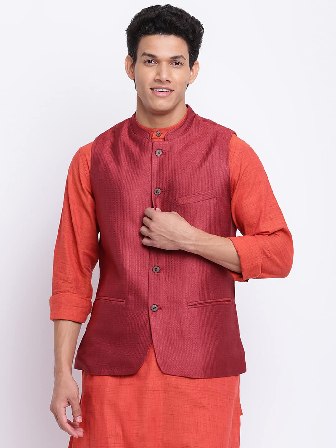 Fabindia Men Viscose Silk Dobby Vest Maroon_S