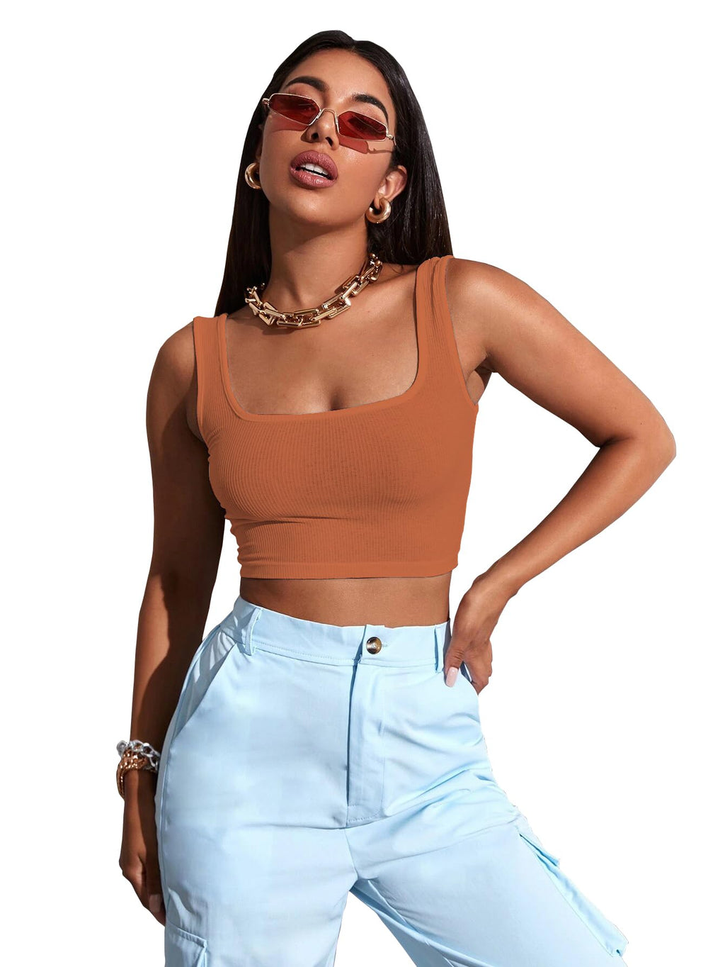 Sugathari Womens & Girls Solid Ribbed Boat Neck Sleeveless Crop Tops for Women (Top 36 Orange XS)