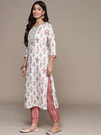 Anubhutee Women'S Pure Cotton Floral Printed Blue Kurta Suit Set With Trousers & Dupatta