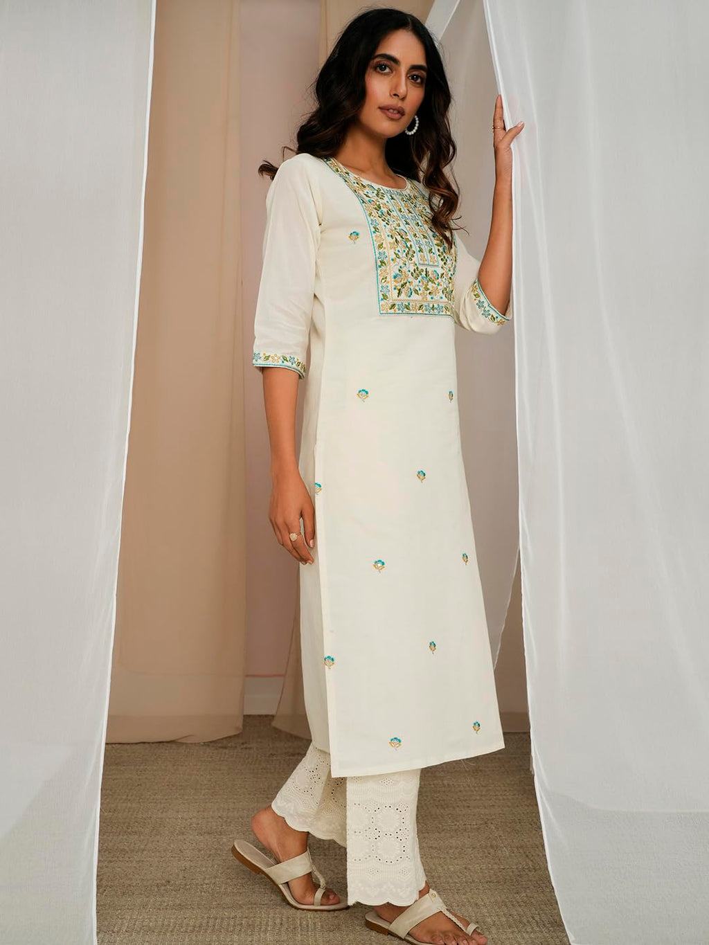 Libas WomenS Cotton Embroidered Straight Kurta (26727_Off White