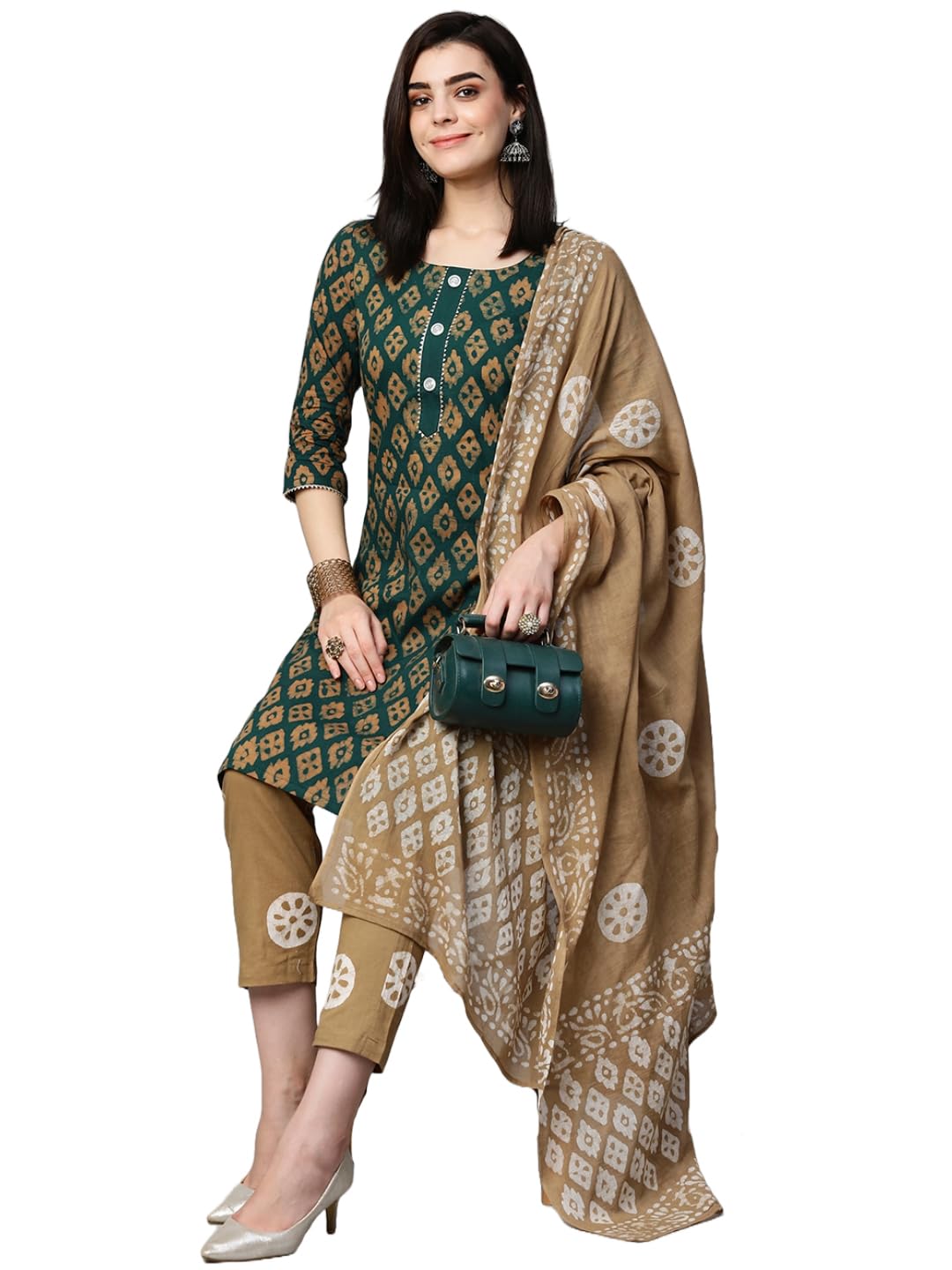 ANNI DESIGNER Ladies Cotton Blend Kurta with Trousers and Dupatta, green, M