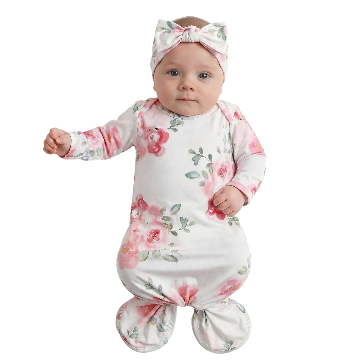 Baby Newborn Knotted Gown 06 Months, Soft Breathable Sleeper Gowns, Babies Girl Coming Home Outfit Infant Watercolor Flowers Ni 0-6