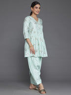 Libas Sea Green Printed Silk Blend A-Line Kurta With Salwar