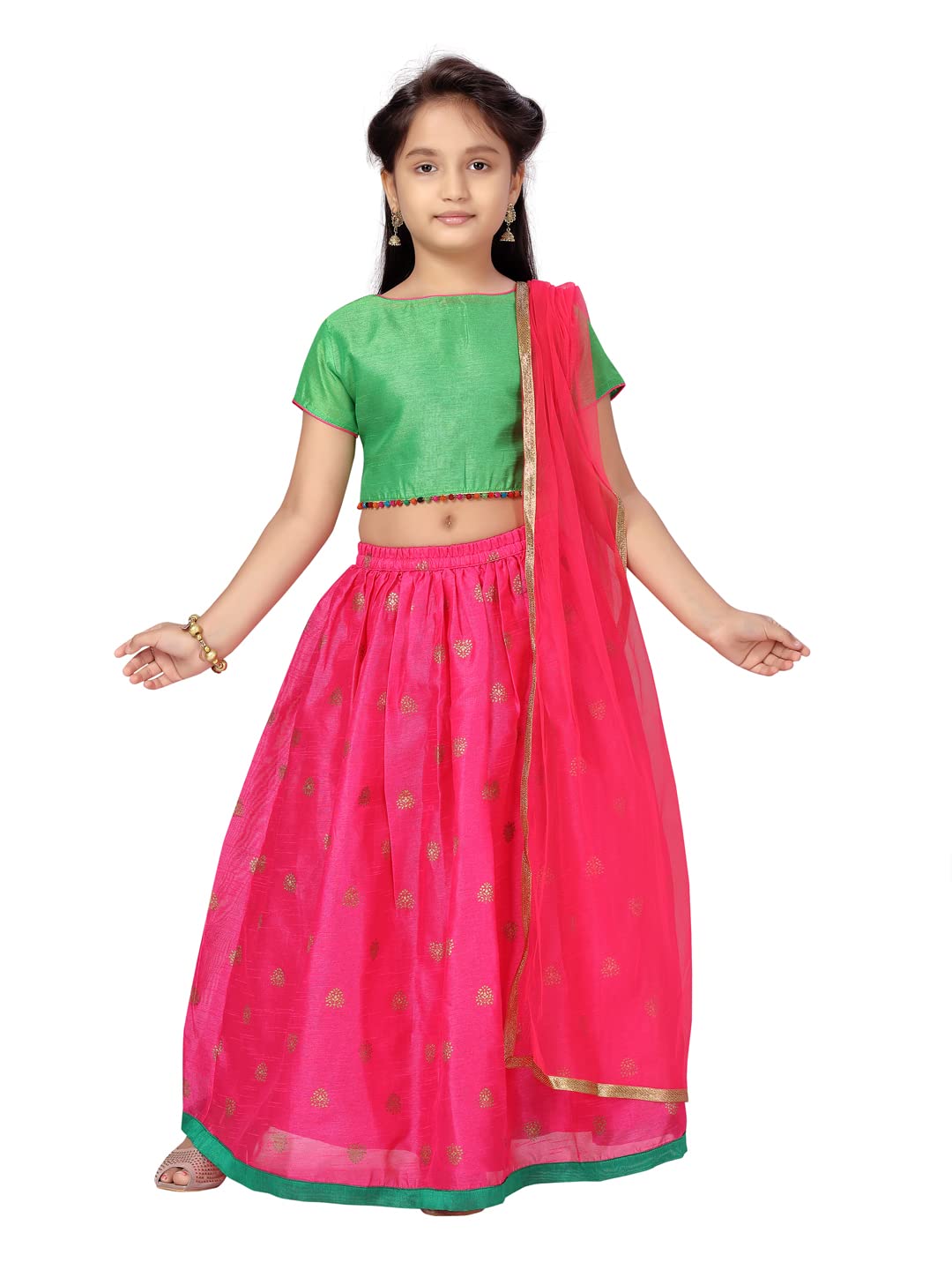 Aarika GirlS Silk Lehenga Choli Set (Lch-22127_Green-Rani_9-10 Years)