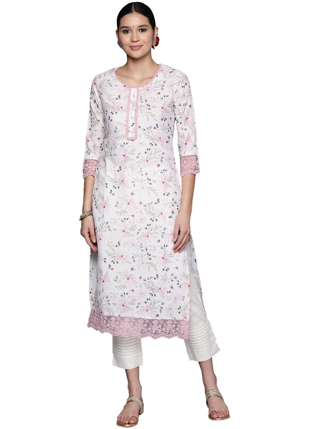 Libas Women'S Cotton Embellished Straight Kurta (28092_Off White