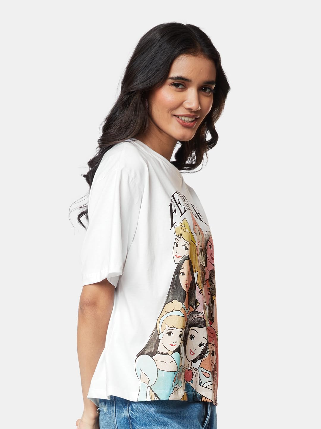 The Souled Store| Official Disney: Fearless Women and Girls T-Shirts|Oversize fit Graphic Printed| Half Sleeve|100% Cotton White