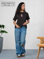 The Souled Store Inside Out: Fight Me Women and Girls Short Sleeves Round Neck Brown Embroidered Cotton Relaxed Fit T-Shirts