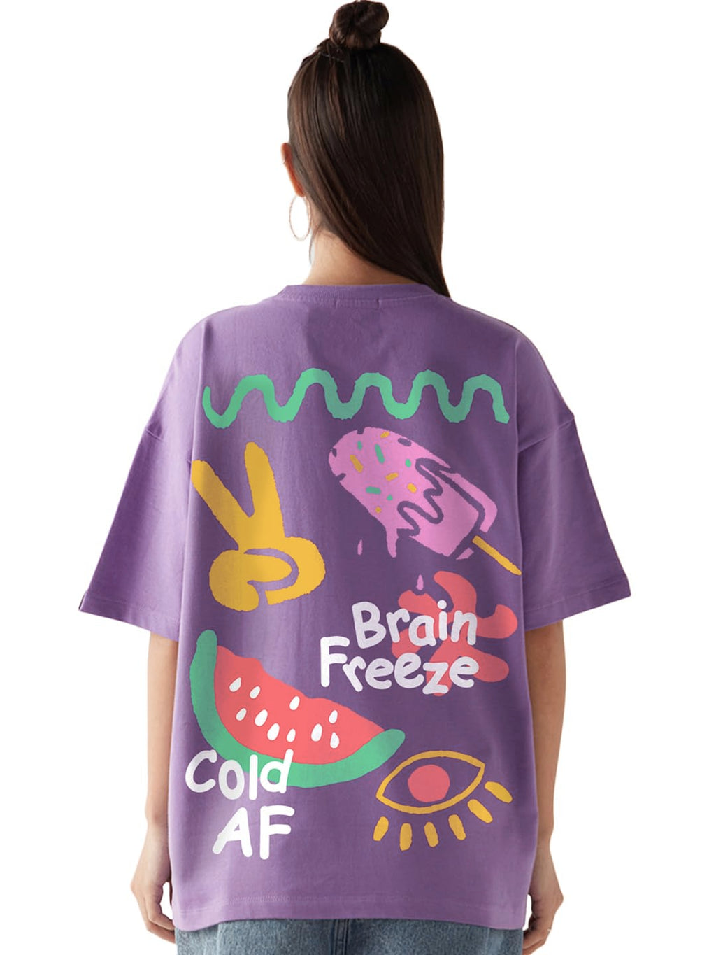 Bewakoof Heavy Duty 1.0 Womens Graphic Print Oversized Fit Half Sleeve Round Neck Terry T-Shirt_652352_Purple_L