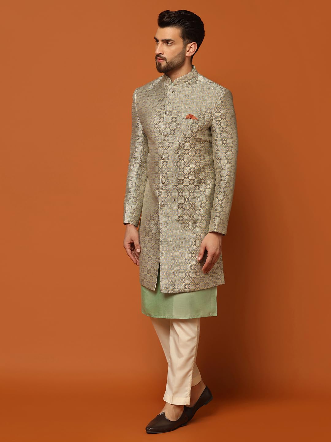 Kisah MenS Grey Indo-Western Kurta Sherwani Trousers Set Cotton Full Sleaves, Knee Length, Straight, Regular Fit, Mandarin Coll