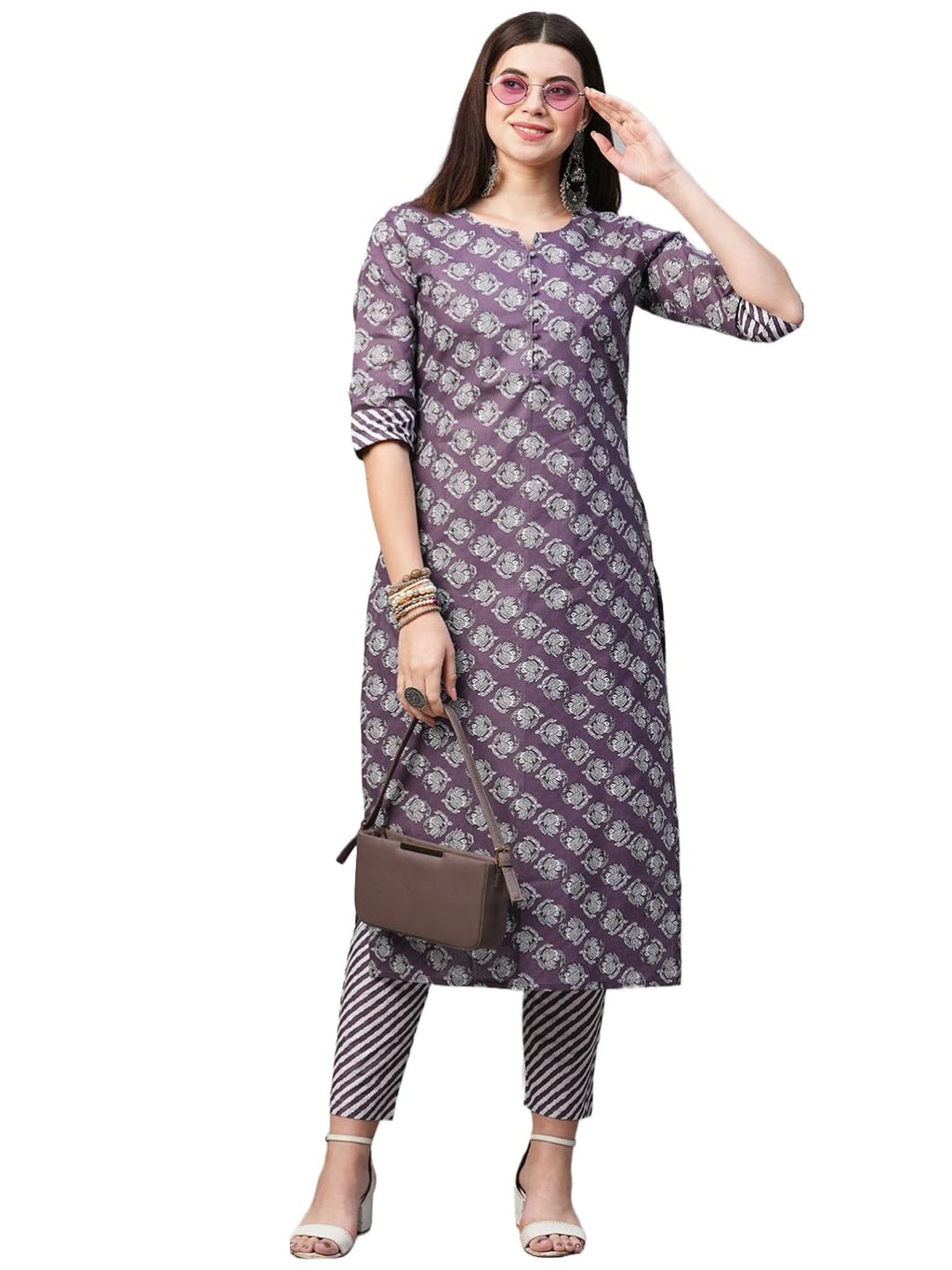 ANNI DESIGNER Womens Cotton Blend Printed Straight Kurta with Pant (Funnu Purple New01_L_Purple_Large)