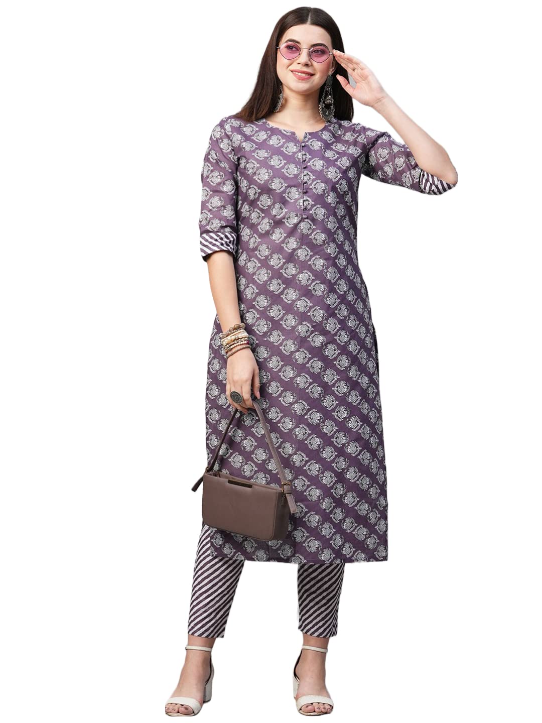 ANNI DESIGNER Womens Cotton Blend Printed Straight Kurta with Pant (Funnu Purple_S_Purple_Small)