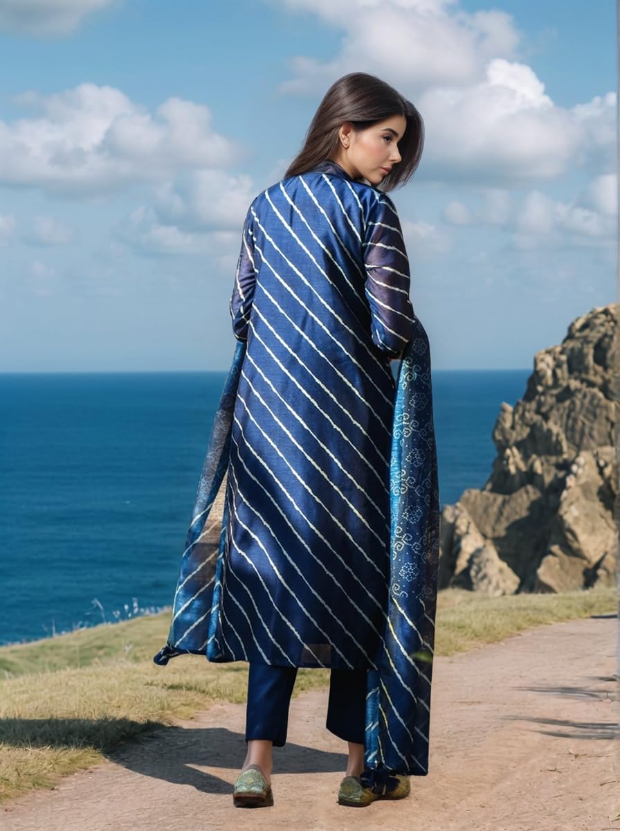 Gosriki Women'S Rayon Viscose Straight Leheriya Printed Kurta With Pant & Dupatta