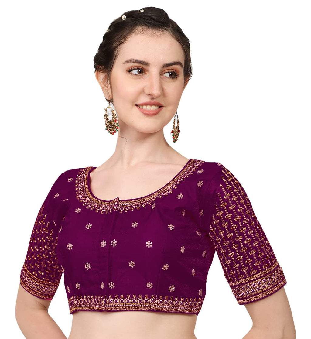Pujia Mills WomenS Cobra Silk Embroidery Coding Stone Work Half Sleeve Saree Blouse