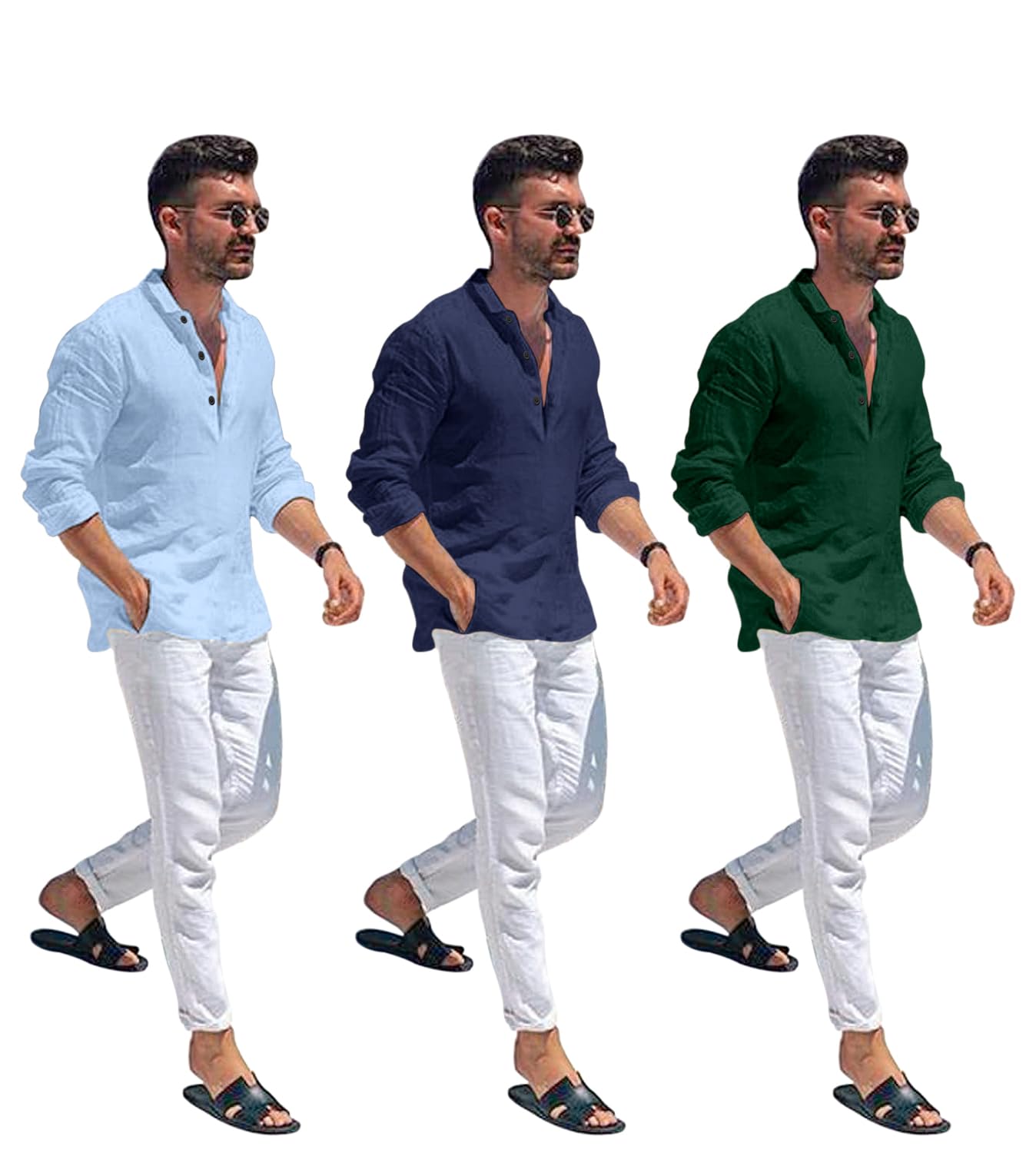 Bellstone Mens Cotton Blend Solid Regular Dress Shirt (KURTA1600_Triple_Sky-Navy-DarkGreen_M)